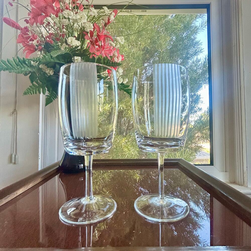 Pair of Vintage Stemmed Water Goblets with Vertical Frosted Stripes – 8” Tall